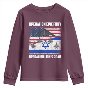 Operation Epic Fury Lions Roar Youth Sweatshirt USA Israel Flag Freedom Defense TS02 Maroon Print Your Wear