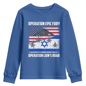 Operation Epic Fury Lions Roar Youth Sweatshirt USA Israel Flag Freedom Defense TS02 Royal Blue Print Your Wear