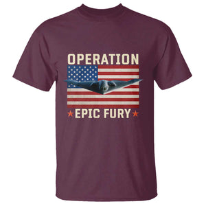 Operation Epic Fury Stealth Bomber American Flag T Shirt Powerful B2 Spirit USA Military Pride TS02 Maroon Print Your Wear