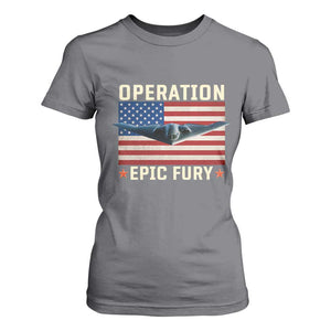 Operation Epic Fury Stealth Bomber American Flag T Shirt For Women Powerful B2 Spirit USA Military Pride TS02 Charcoal Print Your Wear