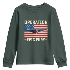 Operation Epic Fury Stealth Bomber American Flag Youth Sweatshirt Powerful B2 Spirit USA Military Pride TS02 Dark Forest Green Print Your Wear