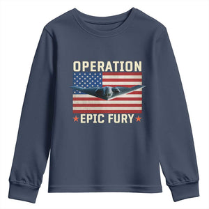 Operation Epic Fury Stealth Bomber American Flag Youth Sweatshirt Powerful B2 Spirit USA Military Pride TS02 Navy Print Your Wear