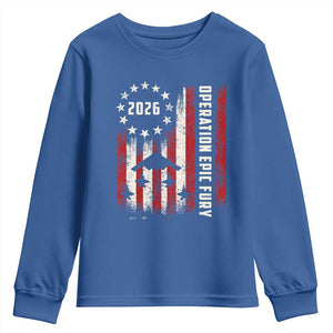 Operation Epic Fury 2026 American Flag Bomber Youth Sweatshirt B2 Spirit Patriotic Air Dominance TS02 Royal Blue Print Your Wear