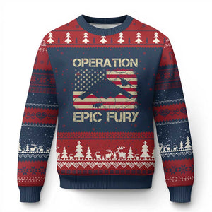 Operation Epic Fury Vintage American Flag Bomber Ugly Christmas Sweater B2 Spirit Patriotic Strength TS02 Navy Red Print Your Wear