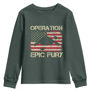 Operation Epic Fury Vintage American Flag Bomber Youth Sweatshirt B2 Spirit Patriotic Strength TS02 Dark Forest Green Print Your Wear