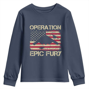 Operation Epic Fury Vintage American Flag Bomber Youth Sweatshirt B2 Spirit Patriotic Strength TS02 Navy Print Your Wear