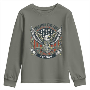 Operation Epic Fury Patriotic Eagle Crest Est 2026 Youth Sweatshirt American Strength Freedom TS02 Military Green Print Your Wear