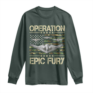 Operation Epic Fury Camo American Flag Long Sleeve Shirt B12 Spirit Stealth Bomber Formation Patriotic Air Power TS02 Dark Forest Green Print Your Wear