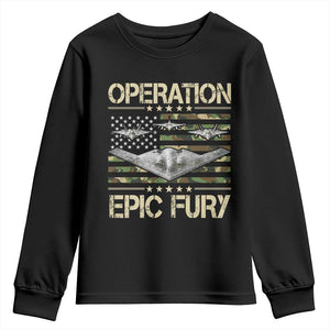 Operation Epic Fury Camo American Flag Youth Sweatshirt B12 Spirit Stealth Bomber Formation Patriotic Air Power TS02 Black Print Your Wear
