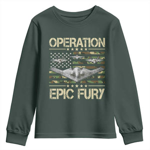 Operation Epic Fury Camo American Flag Youth Sweatshirt B12 Spirit Stealth Bomber Formation Patriotic Air Power TS02 Dark Forest Green Print Your Wear