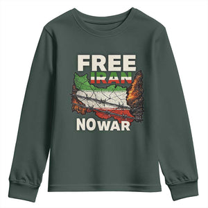Free Iran No War Protest Graphic Youth Sweatshirt Barbed Wire Freedom Human Rights Solidarity TS02 Dark Forest Green Print Your Wear