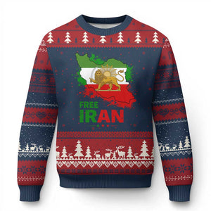 Free Iran Lion And Sun Map Graphic Ugly Christmas Sweater Persian Heritage Freedom Support TS02 Navy Red Print Your Wear