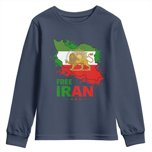 Free Iran Lion And Sun Map Graphic Youth Sweatshirt Persian Heritage Freedom Support TS02 Navy Print Your Wear
