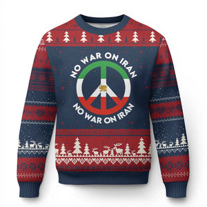 No War On Iran Peace Symbol Ugly Christmas Sweater Iranian Lion Emblem Anti War Protest TS02 Navy Red Print Your Wear