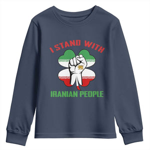 I Stand With Iranian People Freedom Supporters Youth Sweatshirt Raised Fist Persian Flag Iran Revolution TS02 Navy Print Your Wear
