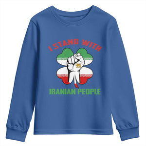 I Stand With Iranian People Freedom Supporters Youth Sweatshirt Raised Fist Persian Flag Iran Revolution TS02 Royal Blue Print Your Wear