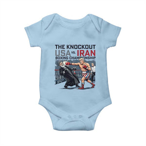 Sarcastic USA vs Iran Knockout Boxing Championship Baby Onesie Funny Political Satire Fight Night TS02 Light Blue Print Your Wear
