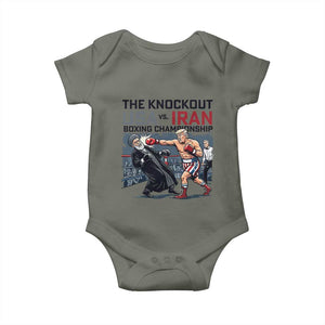 Sarcastic USA vs Iran Knockout Boxing Championship Baby Onesie Funny Political Satire Fight Night TS02 Military Green Print Your Wear