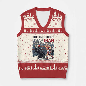 Sarcastic USA vs Iran Knockout Boxing Championship V-Neck Knit Sweater Vest Funny Political Satire Fight Night TS02 Beige Red Print Your Wear