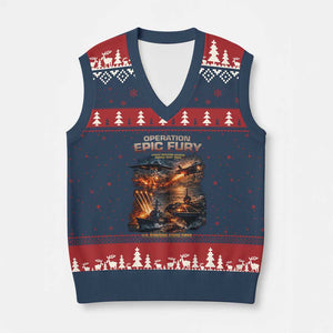 Operation Epic Fury Strike Mission 2026 Graphic V-Neck Knit Sweater Vest U.S. Strategic Strike Force Military Action TS02 Navy Red Print Your Wear