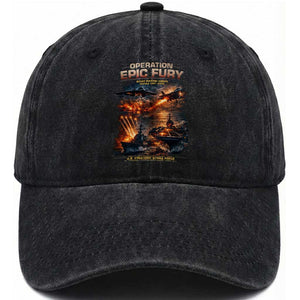 Operation Epic Fury Strike Mission 2026 Graphic Washed Cotton Baseball Cap U.S. Strategic Strike Force Military Action TS02 Washed Cap Universal Fit Black Print Your Wear