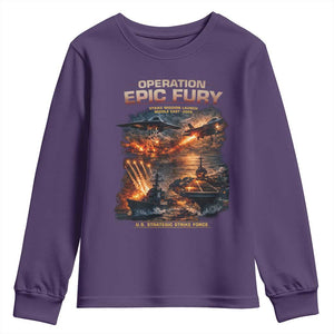 Operation Epic Fury Strike Mission 2026 Graphic Youth Sweatshirt U.S. Strategic Strike Force Military Action TS02 Purple Print Your Wear