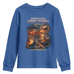 Operation Epic Fury Strike Mission 2026 Graphic Youth Sweatshirt U.S. Strategic Strike Force Military Action TS02 Royal Blue Print Your Wear