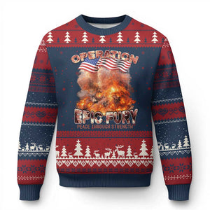 Operation Epic Fury Peace Through Strength Ugly Christmas Sweater Patriotic Explosion America Power TS02 Navy Red Print Your Wear