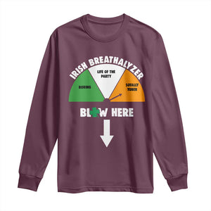 Irish Breathalyzer Blow Here Funny Drinking Gauge Long Sleeve Shirt St Patricks Day Party Offensive Adult Humor TS02 Maroon Print Your Wear