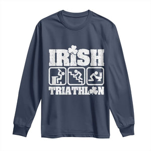 Irish Triathlon Funny Drinking Challenge Long Sleeve Shirt St Patricks Day Beer Party Humor TS02 Navy Print Your Wear
