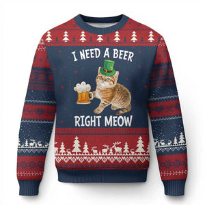 I Need A Beer Right Meow Funny Cat Drinking Joke Ugly Christmas Sweater St Patricks Day Humor TS02 Navy Red Print Your Wear