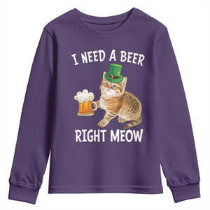 I Need A Beer Right Meow Funny Cat Drinking Joke Youth Sweatshirt St Patricks Day Humor TS02 Purple Print Your Wear