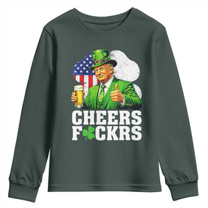 Cheers Fckers Funny Trump Irish Toast Youth Sweatshirt St Patricks Day Drinking Humor TS02 Dark Forest Green Print Your Wear