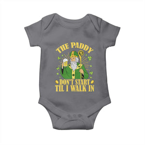 Funny Saint Patrick Drinking Beer Party Humor Baby Onesie The Paddy Don’t Start Til I Walk In St Patricks Day TS02 Charcoal Print Your Wear