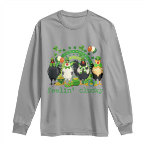 Funny St Patricks Day Chicken Shamrock Long Sleeve Shirt Feelin Clucky Hen Lucky Clover Pun Irish Humor TS02 Sport Gray Print Your Wear