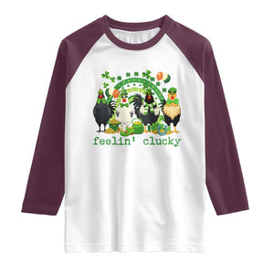 Funny St Patricks Day Chicken Shamrock Raglan Shirt Feelin Clucky Hen Lucky Clover Pun Irish Humor TS02 White Maroon Print Your Wear