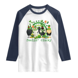 Funny St Patricks Day Chicken Shamrock Raglan Shirt Feelin Clucky Hen Lucky Clover Pun Irish Humor TS02 White Navy Print Your Wear