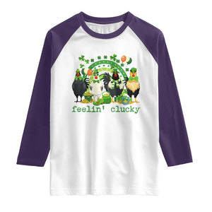 Funny St Patricks Day Chicken Shamrock Raglan Shirt Feelin Clucky Hen Lucky Clover Pun Irish Humor TS02 White Purple Print Your Wear