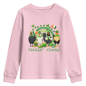 Funny St Patricks Day Chicken Shamrock Youth Sweatshirt Feelin Clucky Hen Lucky Clover Pun Irish Humor TS02 Light Pink Print Your Wear