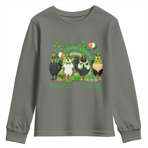 Funny St Patricks Day Chicken Shamrock Youth Sweatshirt Feelin Clucky Hen Lucky Clover Pun Irish Humor TS02 Military Green Print Your Wear