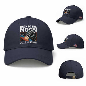 Back to the Moon 2026 Mission Baseball Cap Retro Rocket Launch Lunar Orbit Space Enthusiasts TS02 Baseball Cap Universal Fit Navy Print Your Wear
