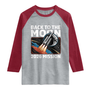 Back to the Moon 2026 Mission Raglan Shirt Retro Rocket Launch Lunar Orbit Space Enthusiasts TS02 Heather Gray Heather Red Print Your Wear