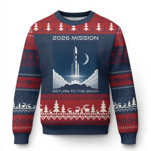 Future Lunar Mission 2026 Ugly Christmas Sweater Rocket Launch Lunar Orbit Space Exploration TS02 Navy Red Print Your Wear