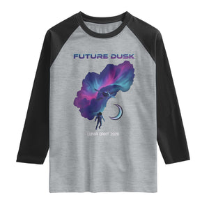 Future Dusk Lunar Orbit 2026 Raglan Shirt Cosmic Nebula Astronaut n Satellite Space Exploration TS02 Heather Gray Black Print Your Wear