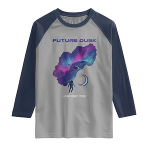 Future Dusk Lunar Orbit 2026 Raglan Shirt Cosmic Nebula Astronaut n Satellite Space Exploration TS02 Sport Gray Navy Print Your Wear