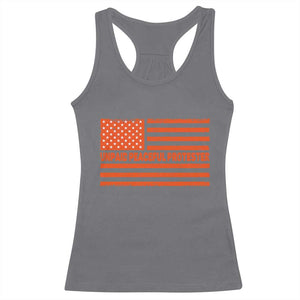 Unpaid Peaceful Protester Orange Distressed American Flag Racerback Tank Top Satirical Political Graphic TS02 Charcoal Print Your Wear