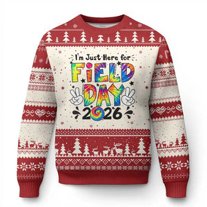 I'm Just Here for Field Day 2026 Ugly Christmas Sweater Groovy School Retro Tie Dye Effect Printing TS02 Beige Red Print Your Wear