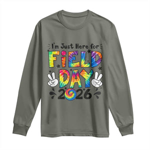 I'm Just Here for Field Day 2026 Long Sleeve Shirt Groovy School Retro Tie Dye Effect Printing TS02 Military Green Print Your Wear