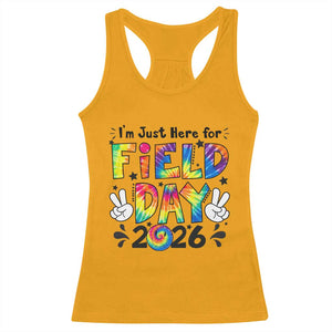 I'm Just Here for Field Day 2026 Racerback Tank Top Groovy School Retro Tie Dye Effect Printing TS02 Gold Print Your Wear