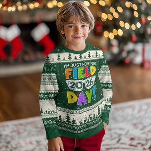 I'm Just Here for Field Day 2026 Ugly Christmas Sweater School Colorful Sunglasses Graphic TS02 Forest Green Beige Print Your Wear